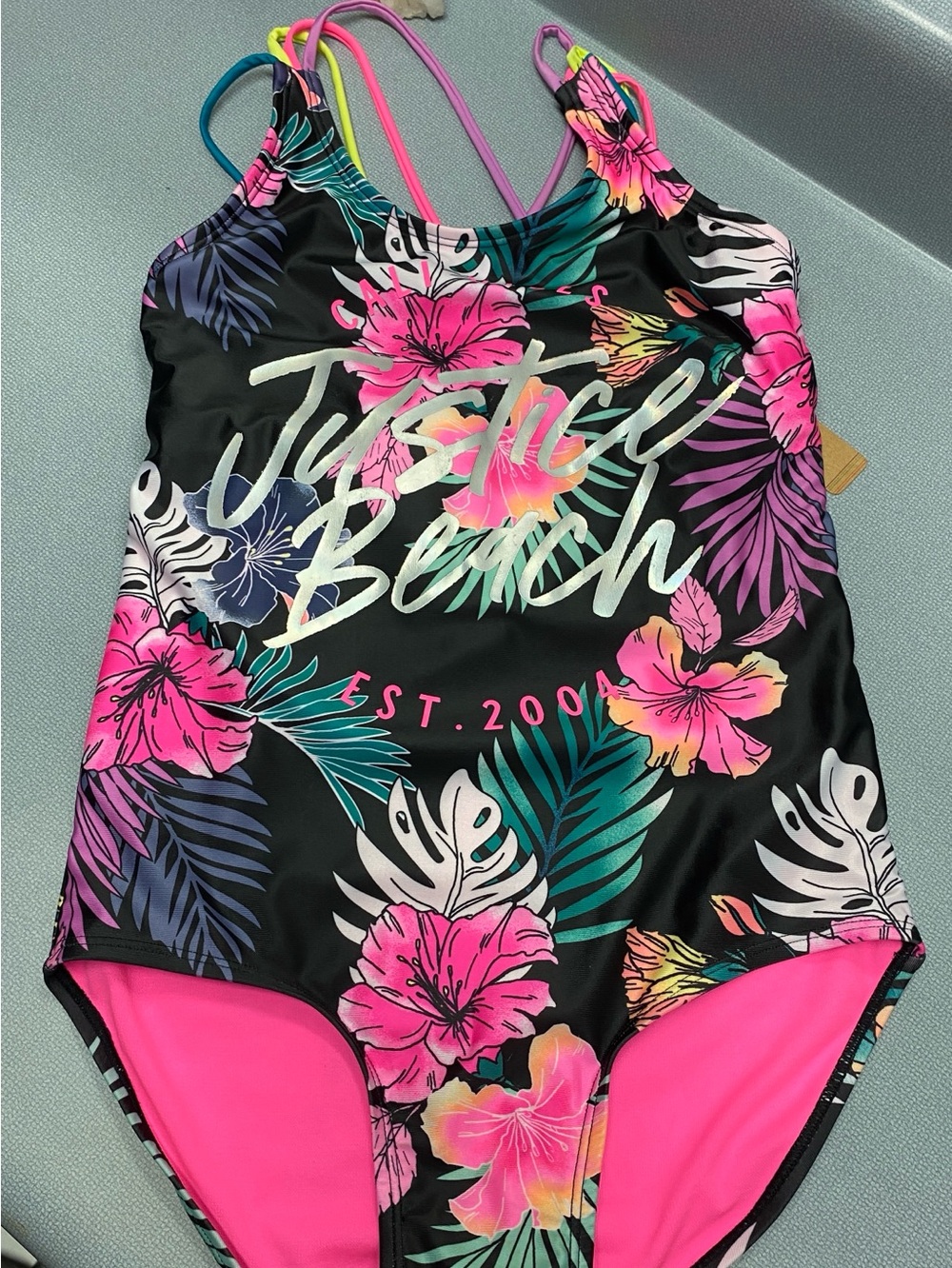 Justice Black One-Piece Swimsuit with Pink, Teal & Yellow Tropical Print NWT